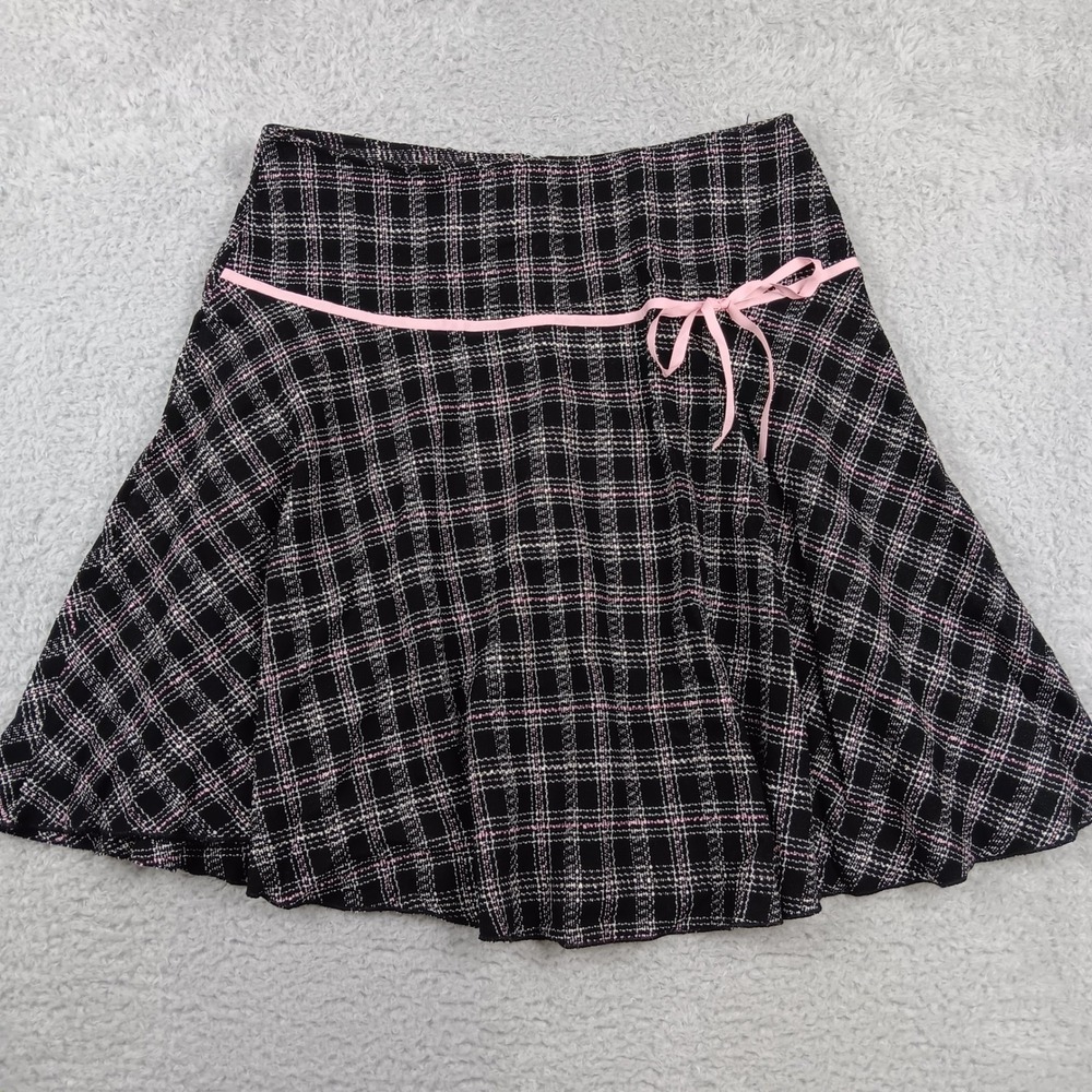 CKW Crew Knitwear Skirt Womens XL Black Pink Plaid Bow A-Line Knit 4350BW2